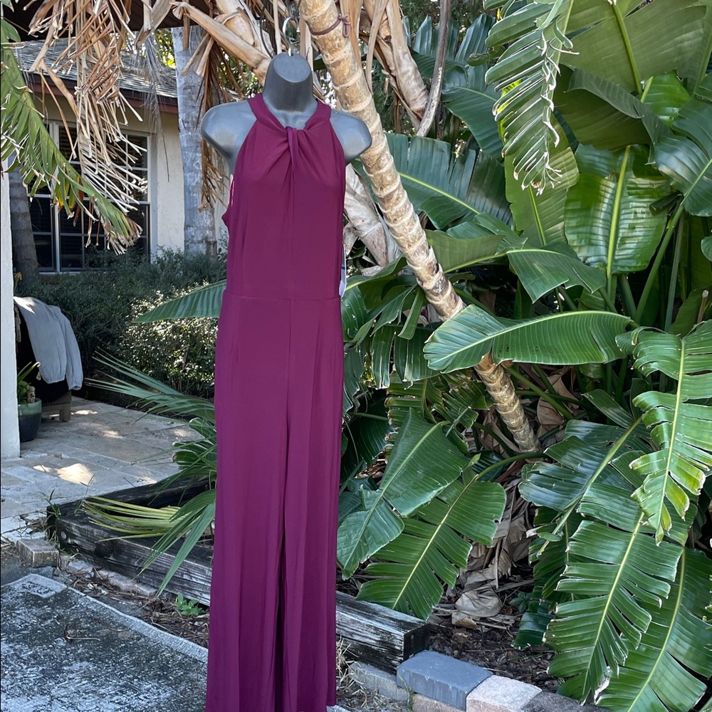 Nina Leonard twist front halter wide leg jumpsuit